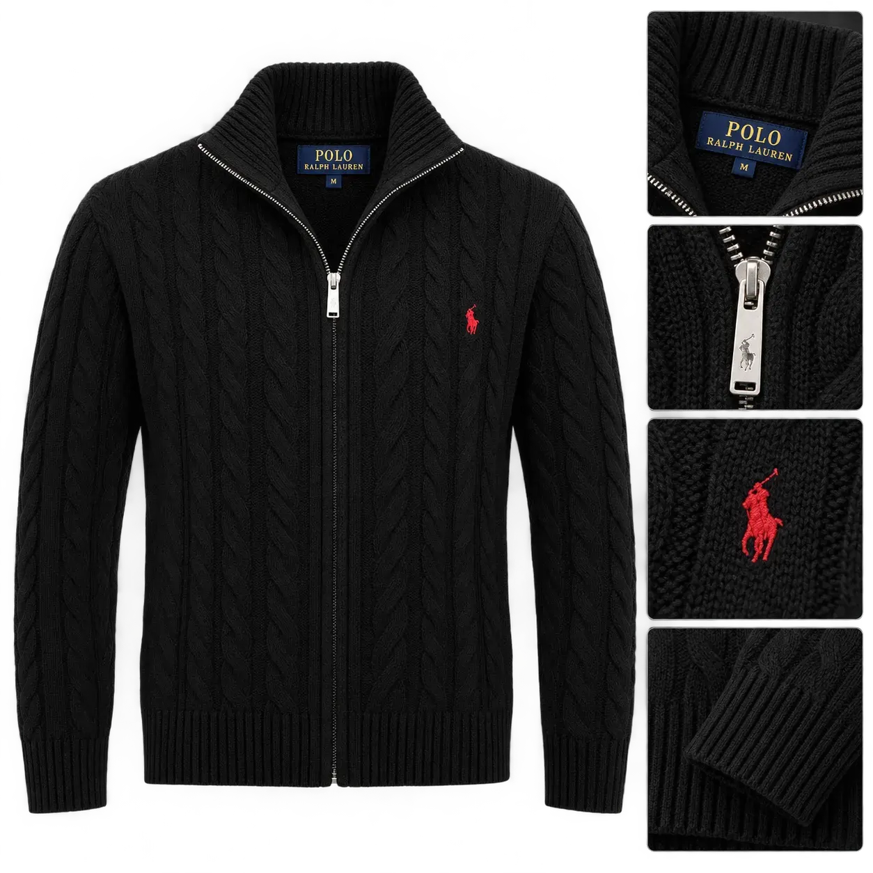 Po1o cable knit zip sweater with red logo - Multiple Colors Available