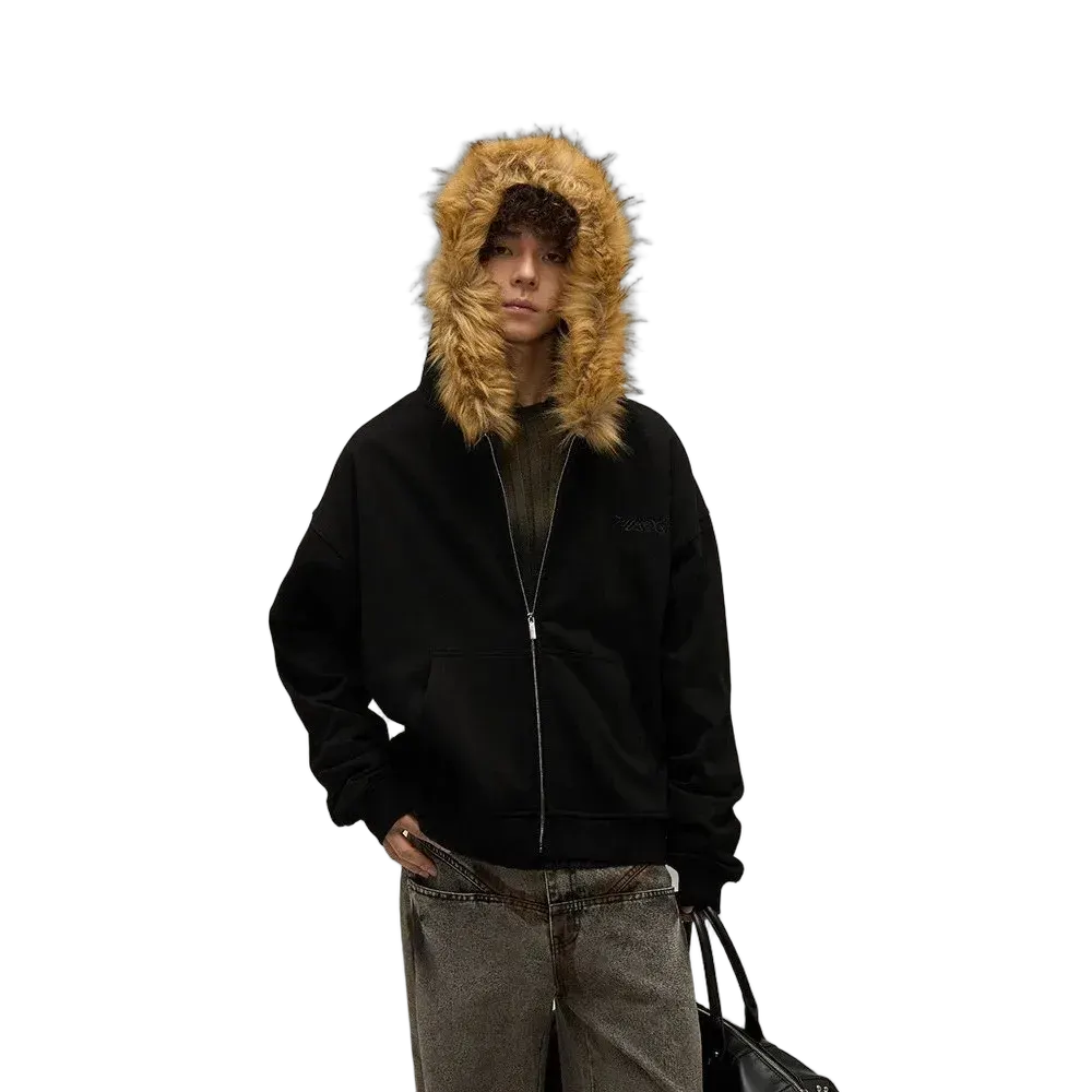 Plush-Trim Hooded Zip Sweatshirt - Multiple Colors Available