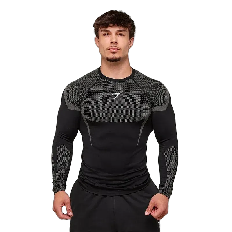 Long-sleeve black, gray, and white label