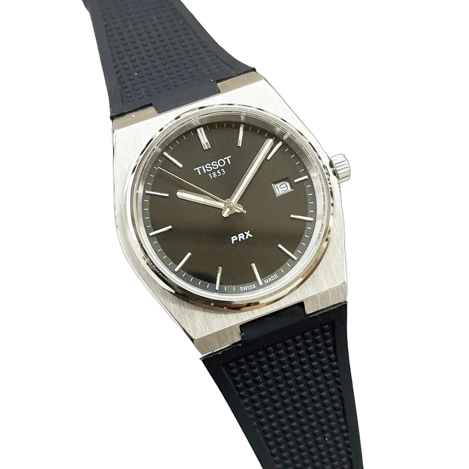 Silver case, black dial, black tape