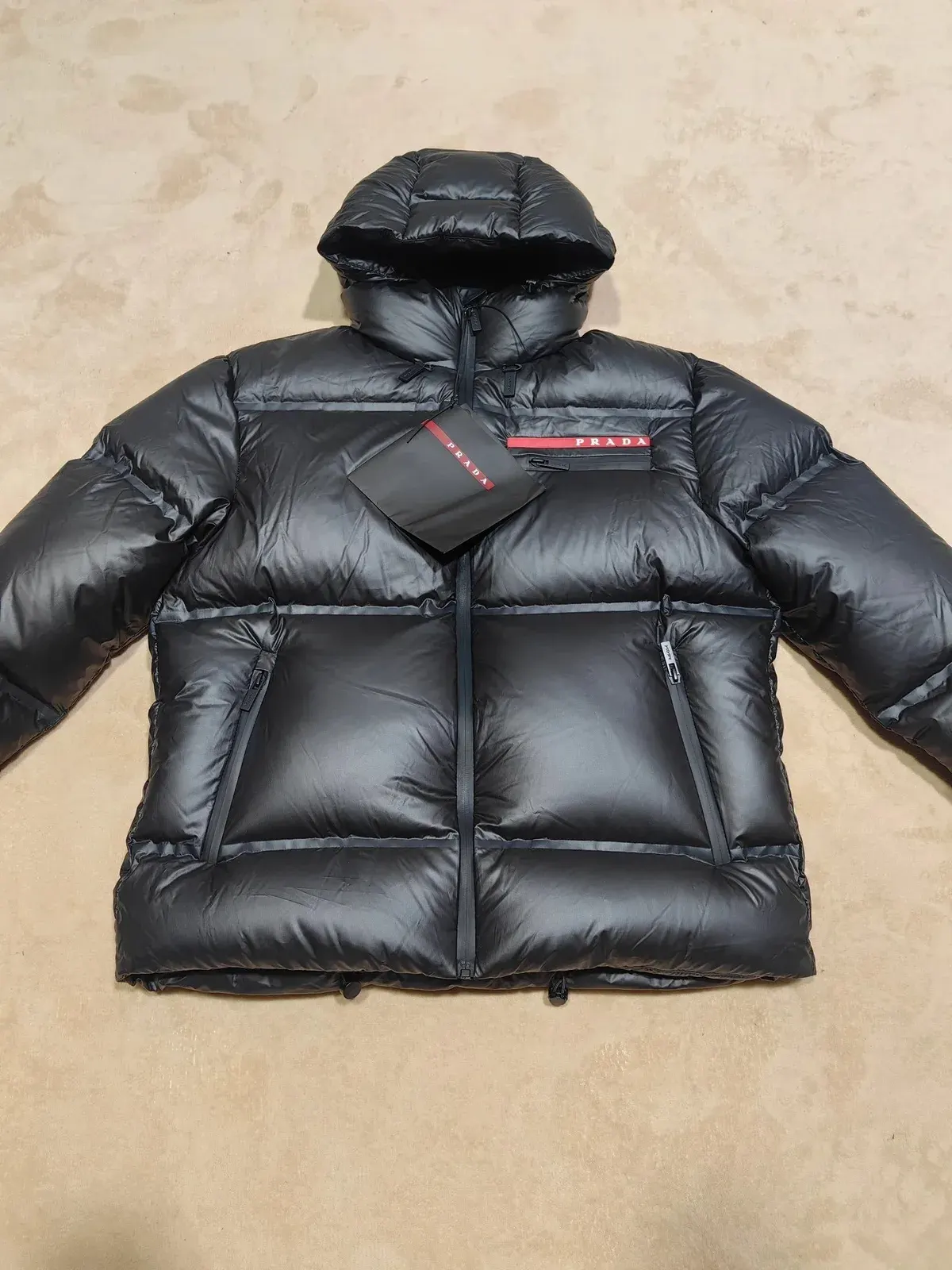 Pr4da Glossy Black Hooded Puffer Jacket